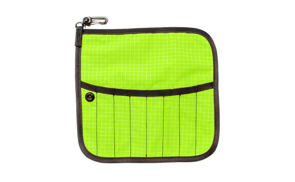 The front of a Tool Pen Wrap in Kiwi (bright green with white grid) 200 Halcyon.